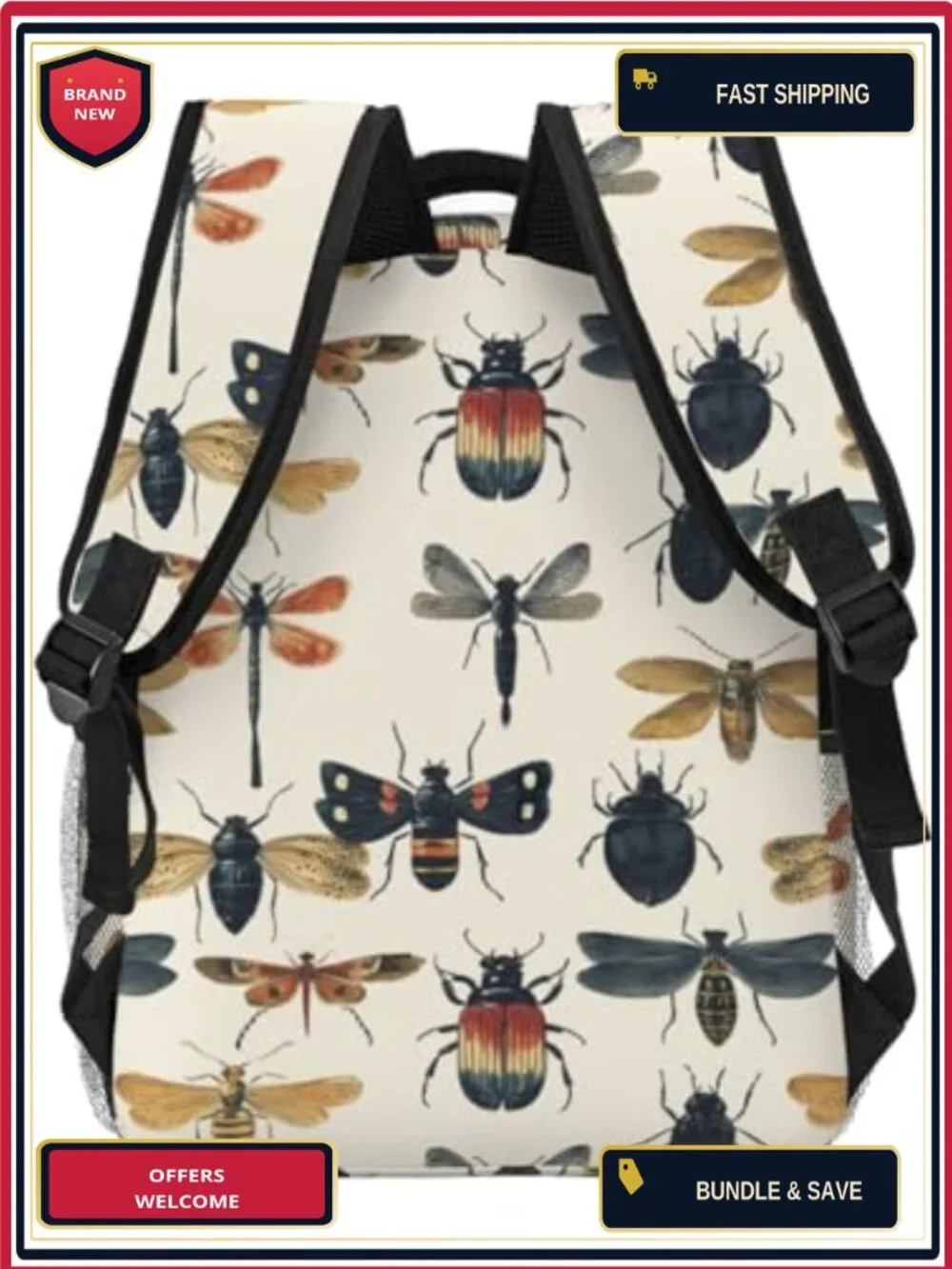 Vintage Insect Pattern Polyester Backpack with Padded Laptop Sleeve,